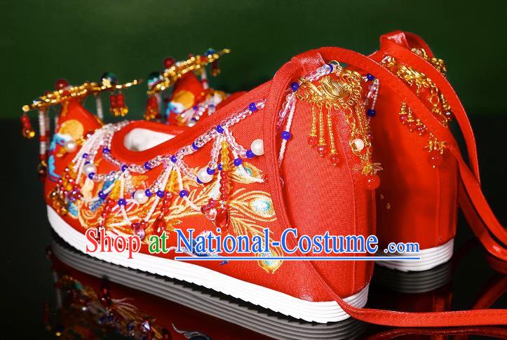 Handmade Beaded Tassel Wedding Shoes Xiuhe Clothing Matching Shoes Red Chinese Wedding Hanfu Shoes