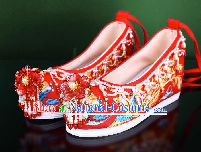 Xiuhe Wedding Shoes Red Beaded Tassel Chinese Style Embroidered Wedding Shoes Women