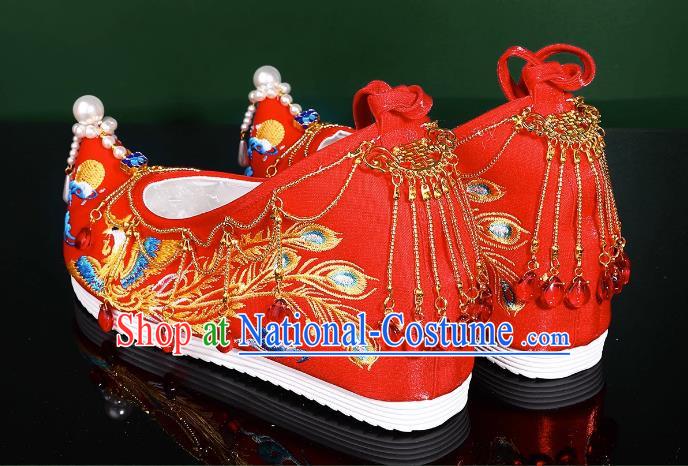 Hanfu Wedding Shoes Women Bow Shoes Xiuhe Shoes Are Red Beaded Tassel Chinese Wedding Shoes Embroidered Phoenix