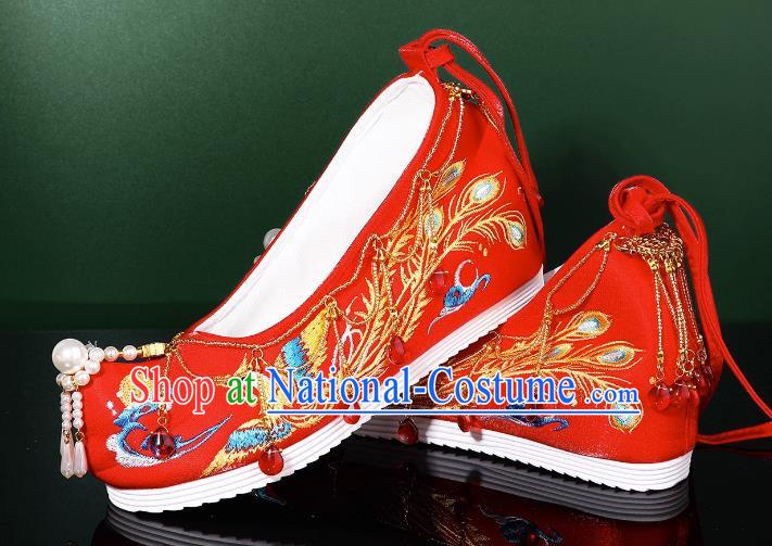 Hanfu Wedding Shoes Women Bow Shoes Xiuhe Shoes Are Red Beaded Tassel Chinese Wedding Shoes Embroidered Phoenix