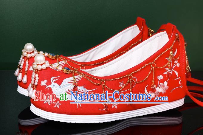 Hanfu Wedding Shoes Women Bow Shoes Xiuhe Shoes Are Red Beaded Tassel Chinese Wedding Shoes Embroidery