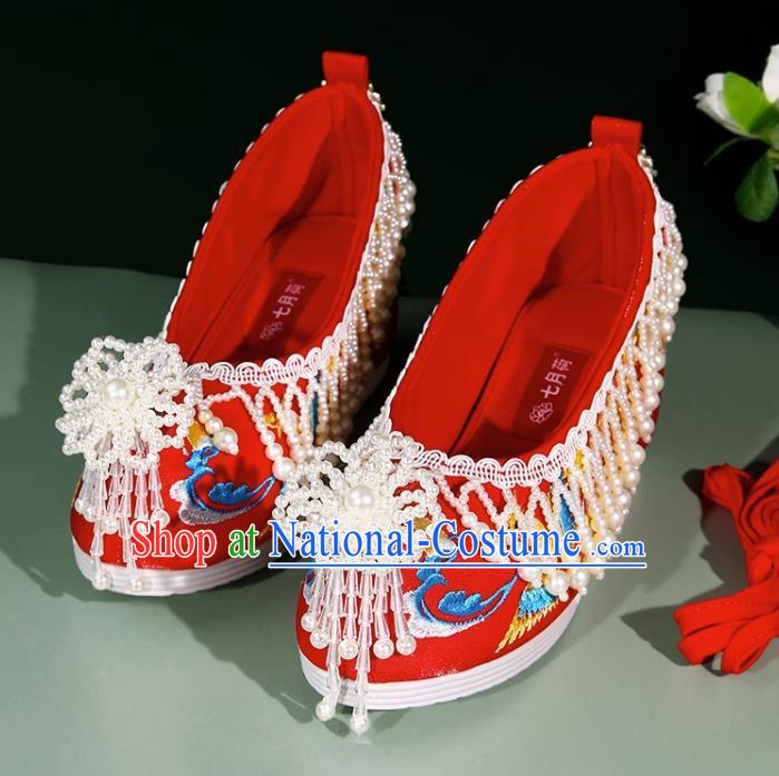 Xiuhe Wedding Shoes Handmade Beaded Pearl Tassel Red Ming Wedding Chinese Style Embroidery