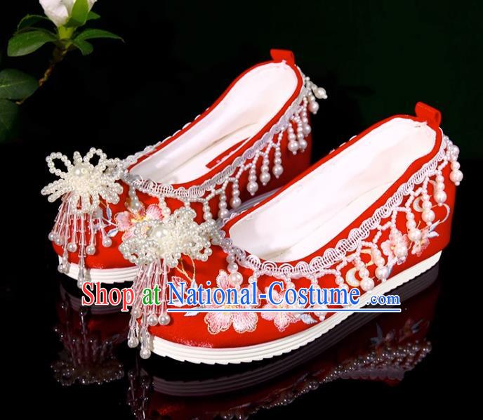 Xiuhe Wedding Shoes Handmade Beaded Pearl Tassel Red Ming Wedding Chinese Style Embroidery