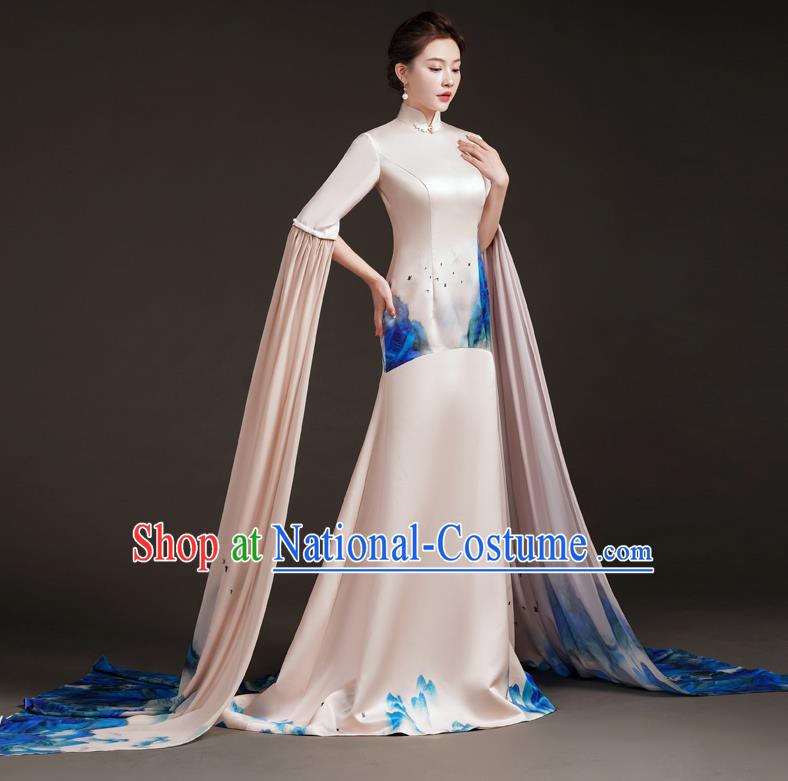 High End Small Trailing Costumes Water Sleeve Art Test Solo Guzheng Playing Dress Mermaid Model Catwalk