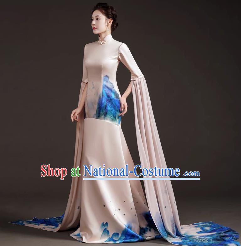 High End Small Trailing Costumes Water Sleeve Art Test Solo Guzheng Playing Dress Mermaid Model Catwalk