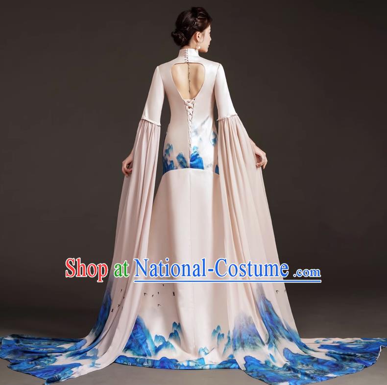 High End Small Trailing Costumes Water Sleeve Art Test Solo Guzheng Playing Dress Mermaid Model Catwalk