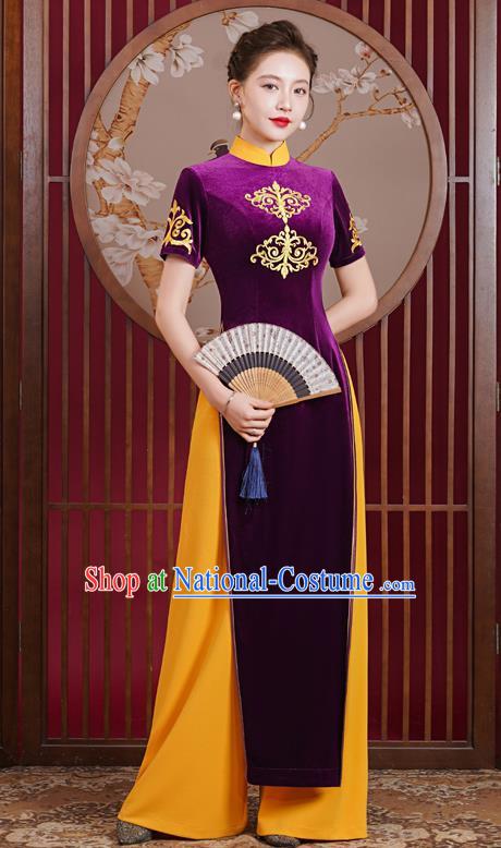 Purple Velvet Ao Dai Modified Cheongsam Dress Mother Catwalk Costume