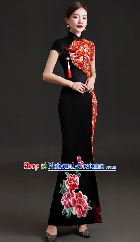 Chinese Design High End Cheongsam Evening Dress Fishtail Slit Performance Costume Host Banquet Black Temperament Dress