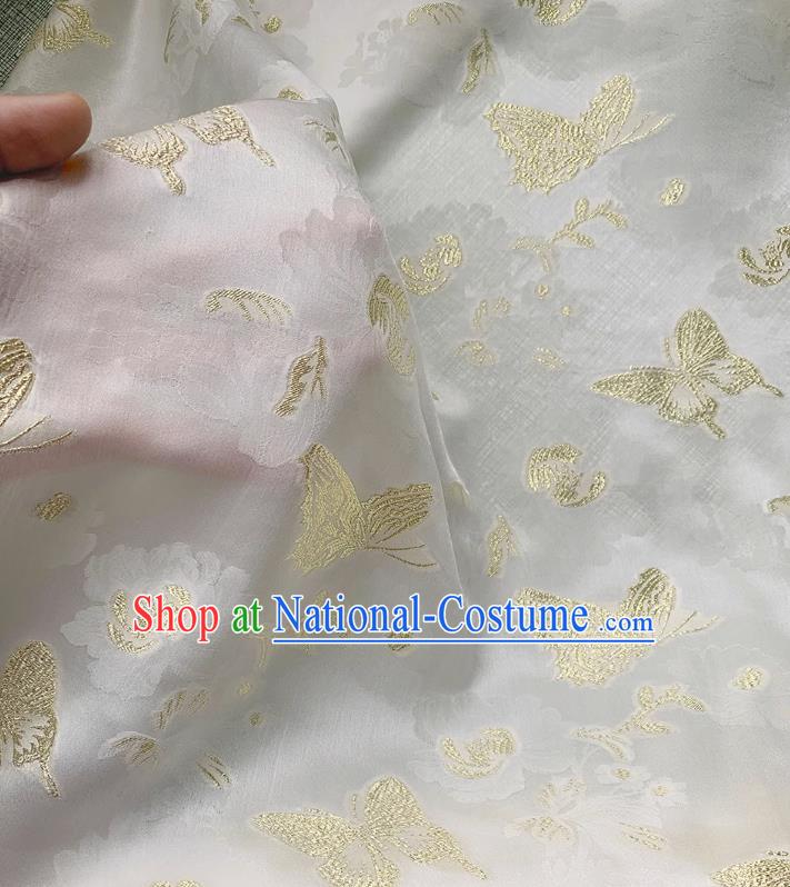 White Jacquard Satin Fabric China Classical Golden Butterfly Pattern Cheongsam Cloth Traditional Design Mulberry Silk