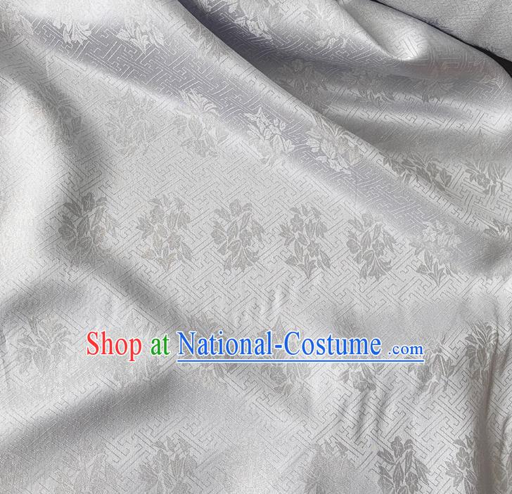 Silver China Traditional Jacquard Crepe Cloth Mulberry Silk Classical Trumpet Creeper Pattern Hanfu Fabric