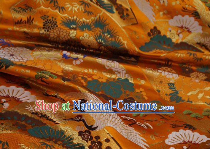 Orange Japanese Kimono Drapery Traditional Brocade Fabric Classical Crane Pattern Design Nishijin Cloth