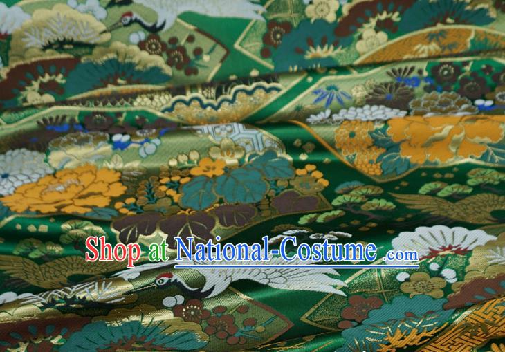 Green Japanese Classical Crane Pattern Design Nishijin Cloth Kimono Drapery Traditional Brocade Fabric