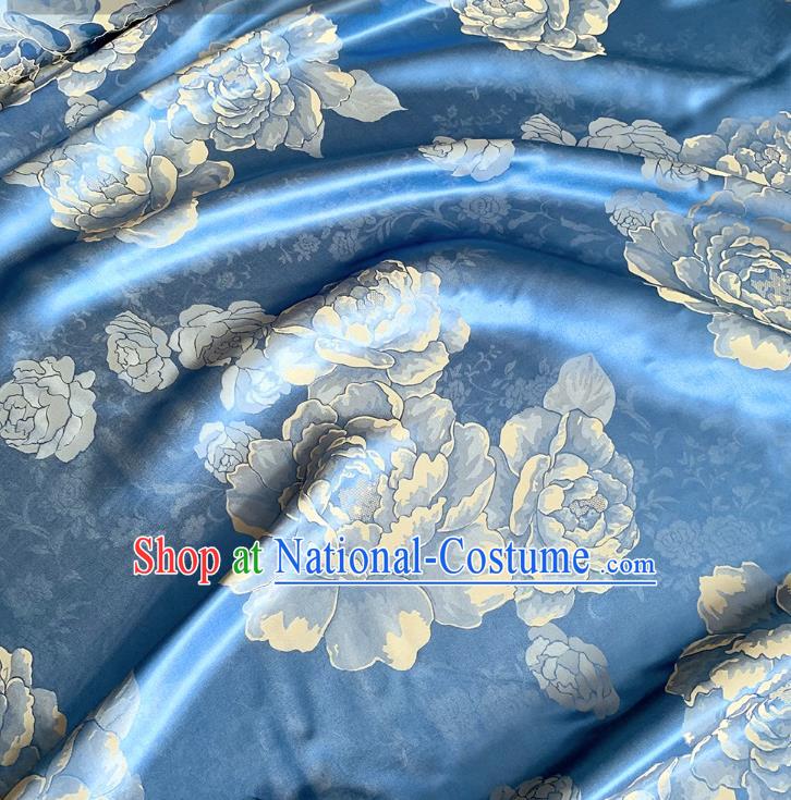 Blue and Golden China Jacquard Satin Fabric Traditional Peony Design Cloth Cheongsam Mulberry Silk Material