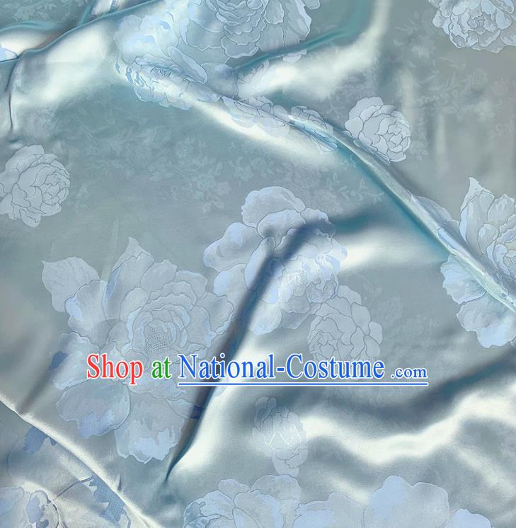 Light Blue China Cheongsam Mulberry Silk Material Jacquard Satin Fabric Traditional Peony Design Cloth