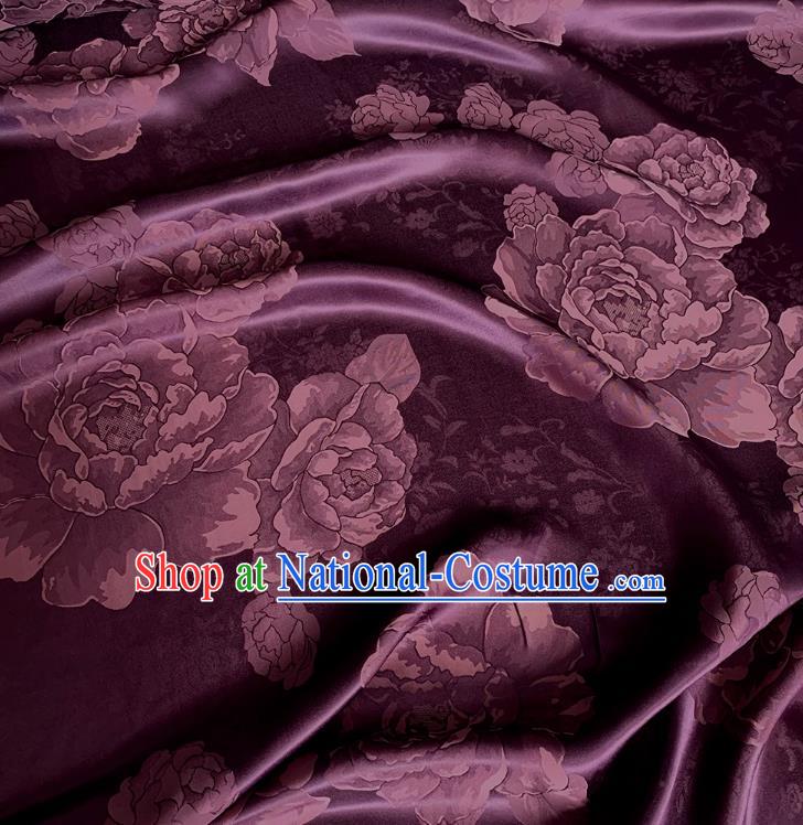 Dark Purple Mulberry Silk Material China Jacquard Satin Fabric Traditional Peony Design Cheongsam Cloth