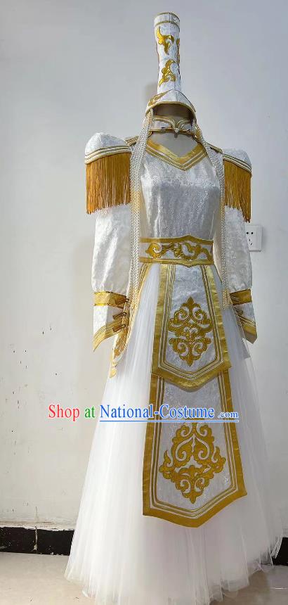 Professional Mongolian Wedding Clothing Ethnic Stage Performance Costume China Mongol Nationality Dance White Dress