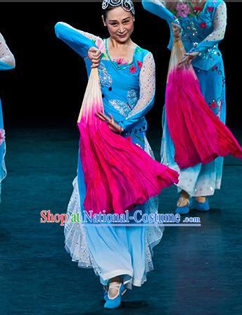 China Women Group Stage Performance Costume Fan Dance Clothing Taoli Cup Yangko Dance Blue Outfit