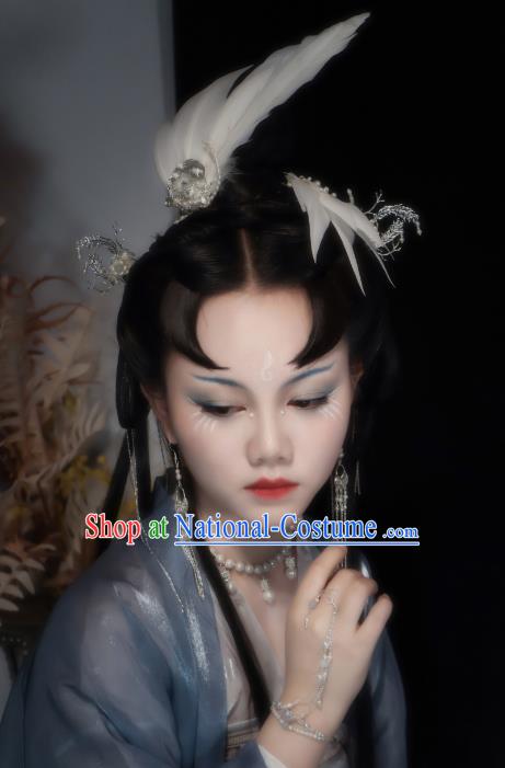 China Ancient Fairy Hair Jewelries Handmade Tang Dynasty Princess Hairpins Hanfu Feather Headpieces Complete Set