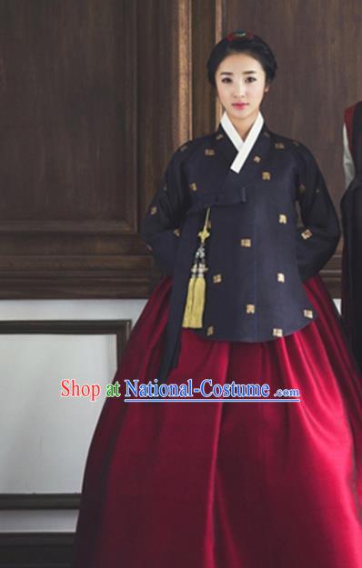 Traditional Woman Costumes Korean Ancient Bride Clothing Handmade Court Hanbok Black Top and Red Dress Complete Set