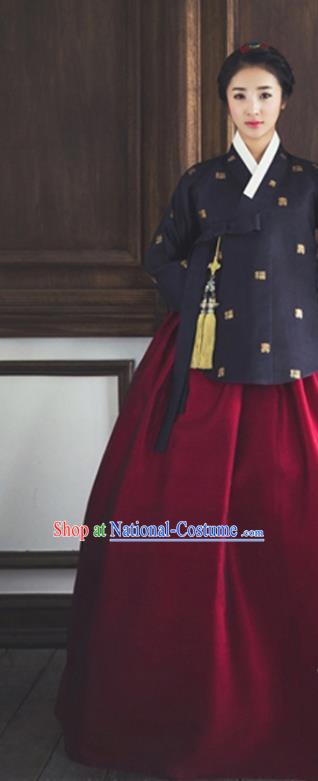 Traditional Woman Costumes Korean Ancient Bride Clothing Handmade Court Hanbok Black Top and Red Dress Complete Set