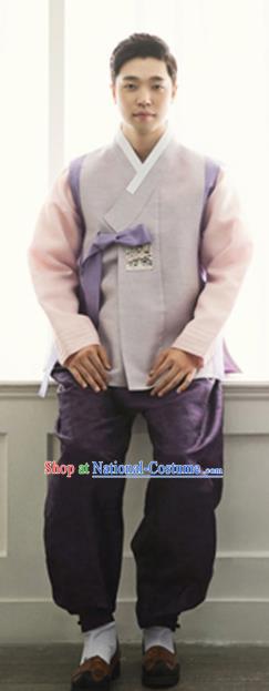 Korean Ancient Groom Clothing Handmade Male Hanbok Lilac Vest Pink Top and Purple Pants Traditional Costumes Complete Set