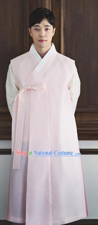 Korean Traditional Costumes Ancient Groom Clothing Handmade Male Hanbok Pink Vest White Top and Grey Pants Complete Set