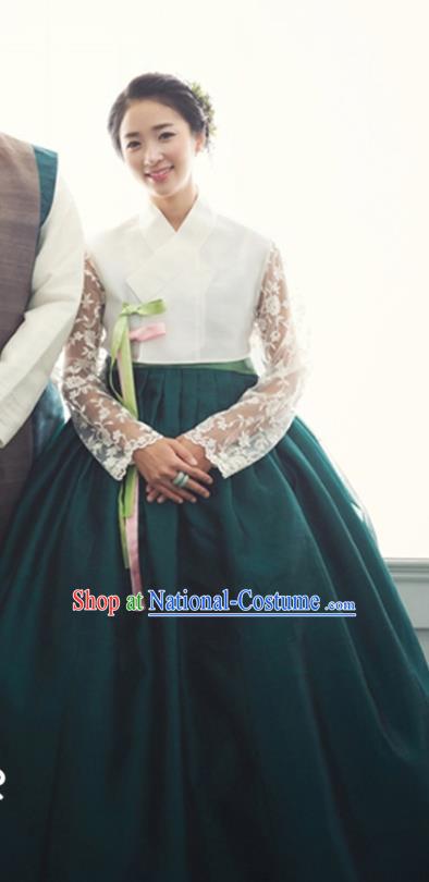 Korean Traditional Woman Costumes Ancient Bride Clothing Handmade Hanbok White Lace Top and Dark Green Dress Complete Set