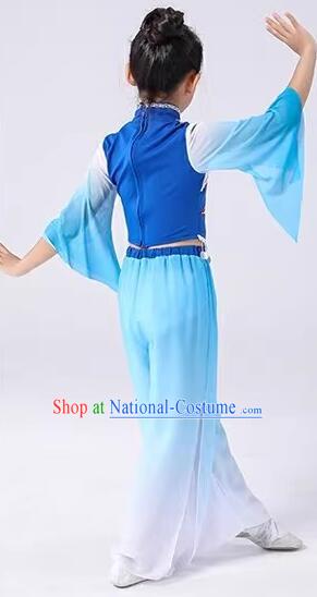 Chinese Fan Dance Costumes Folk Dance Clothing Children Yangko Dance Blue Outfit