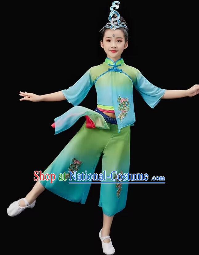 Chinese Children Yangko Dance Green Outfit Fan Dance Costumes Folk Dance Clothing